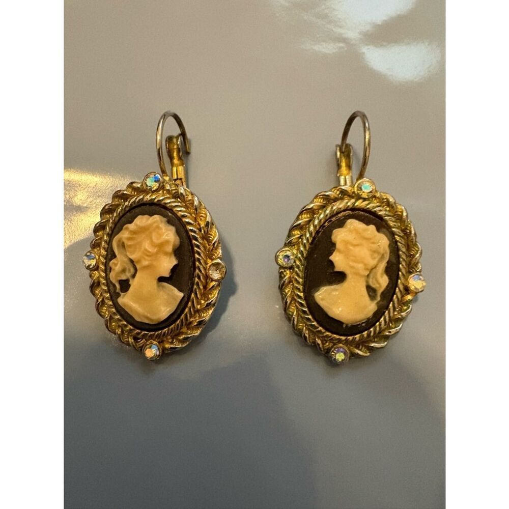 Gold Cameo Drop Earrings with Ivory Profiles